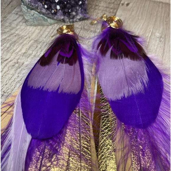 Gold Foiled Genuine Leather Fringe Purple Feather Earrings - Picture 10 of 15